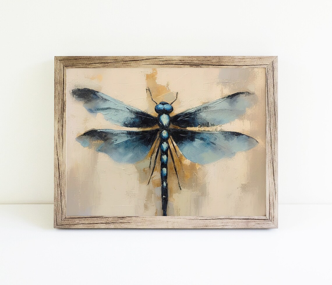 Blue Dragonfly Oil Painting Insect Poster Print - Image 4