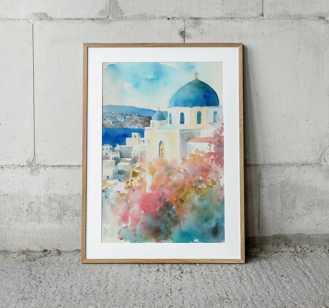 Santorini Watercolor Cityscape, Greek Old Town Art Print - Image 4