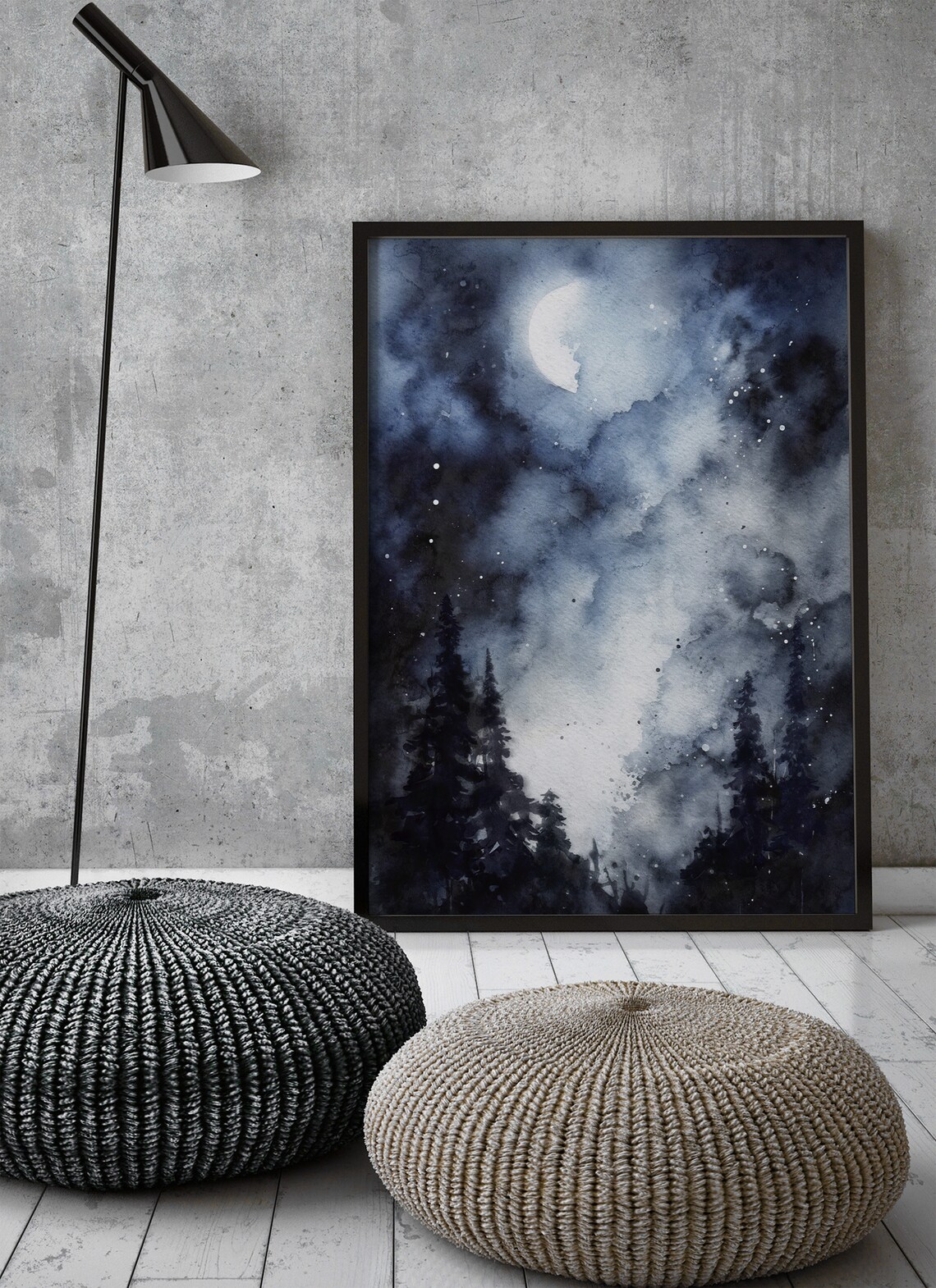 Full Moon Landscape Night Forest Watercolor Pine Trees Wall Art Moon Art Print - Image 4