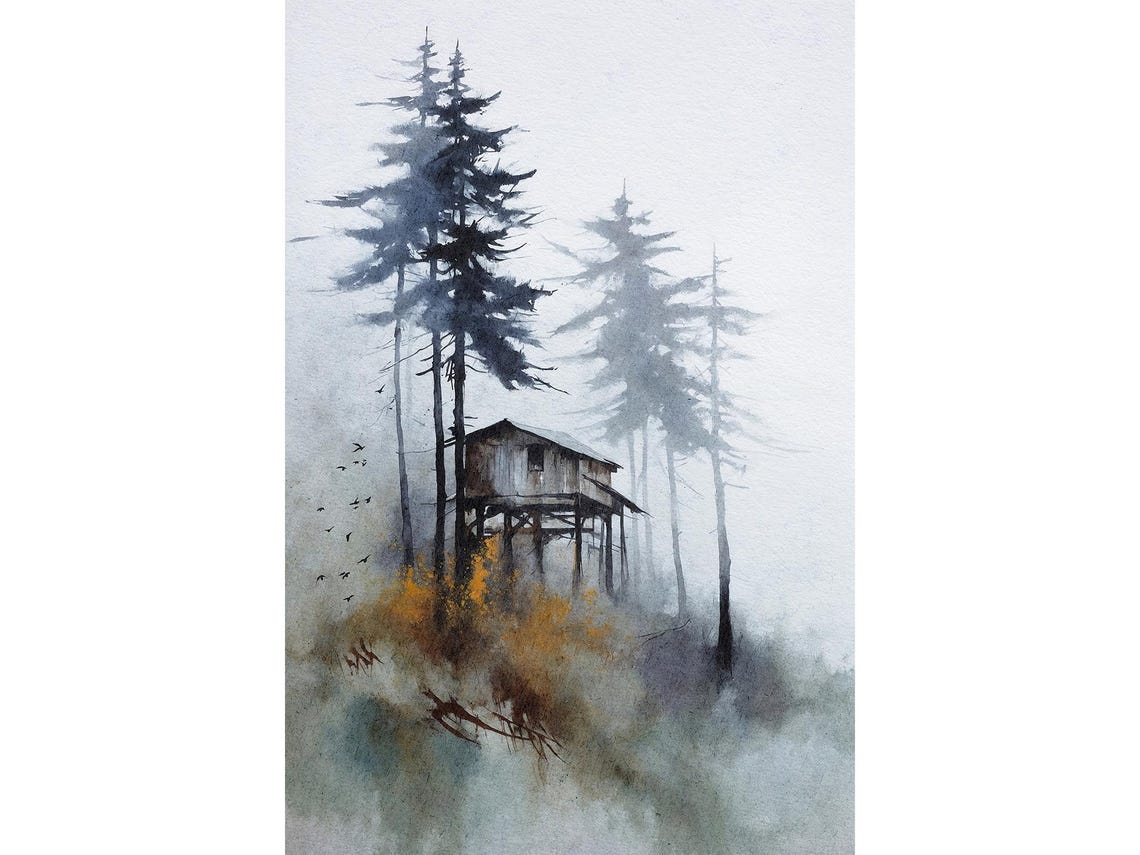 Forest Cabin On Stilts Foggy Pine Trees Moody Watercolor Poster