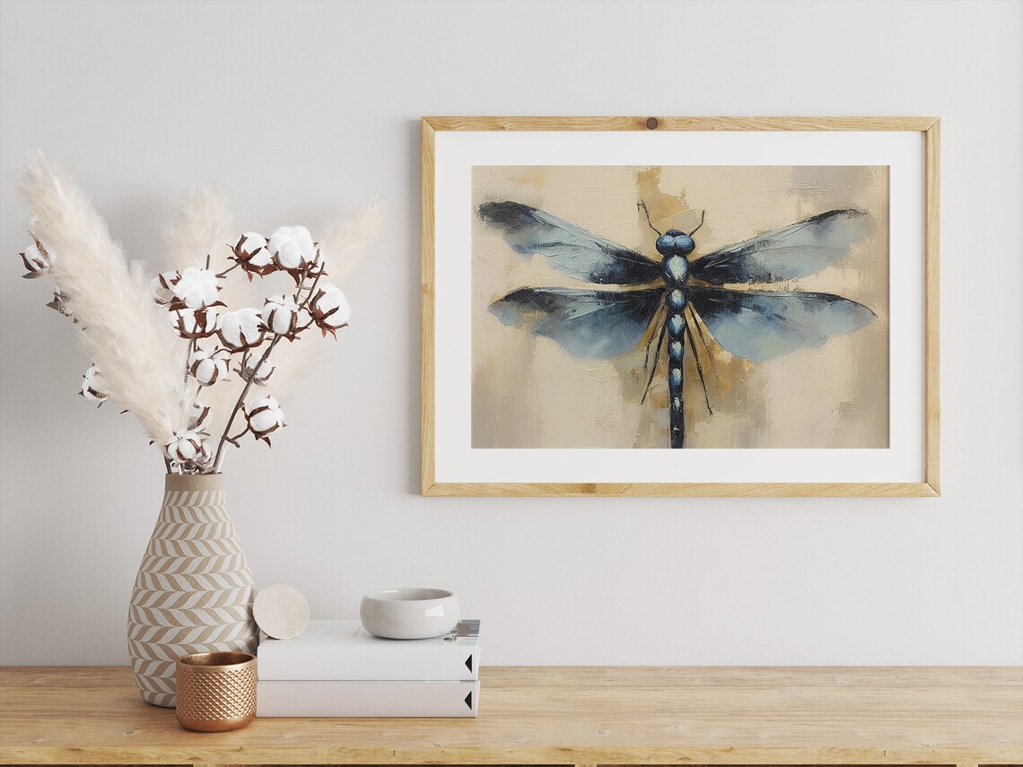 Blue Dragonfly Oil Painting Insect Poster Print - Image 2