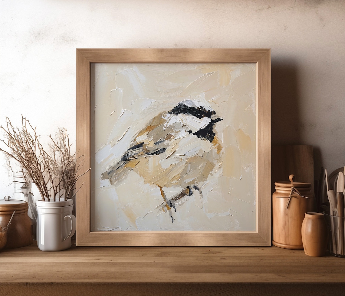 Titmouse Neutral Beige Minimalist Bird Art Print - Image 5