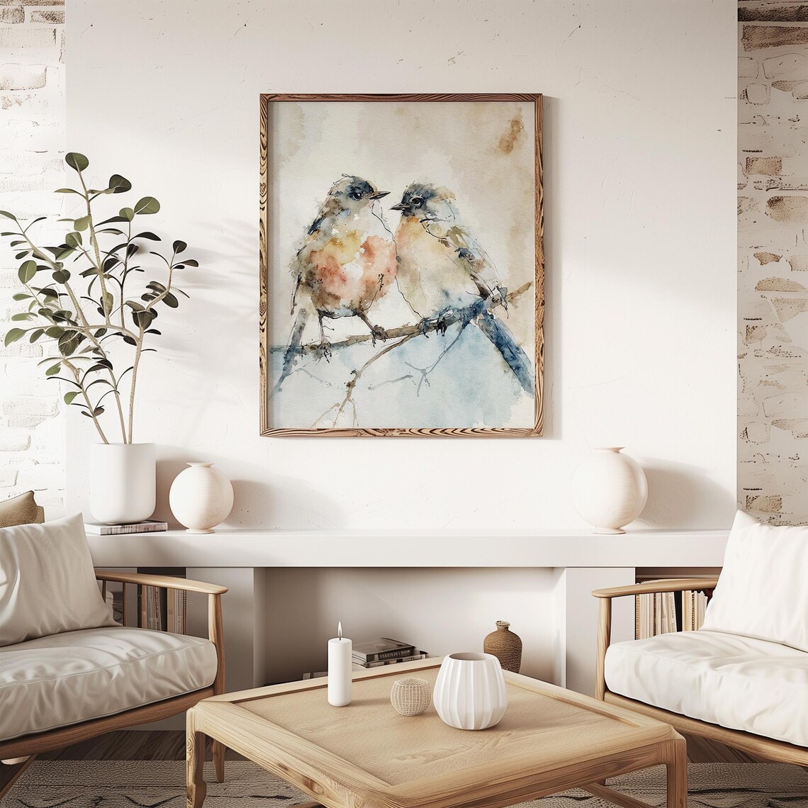 Chickadee Couple Birds Watercolor Art Print, Neutral - Image 3
