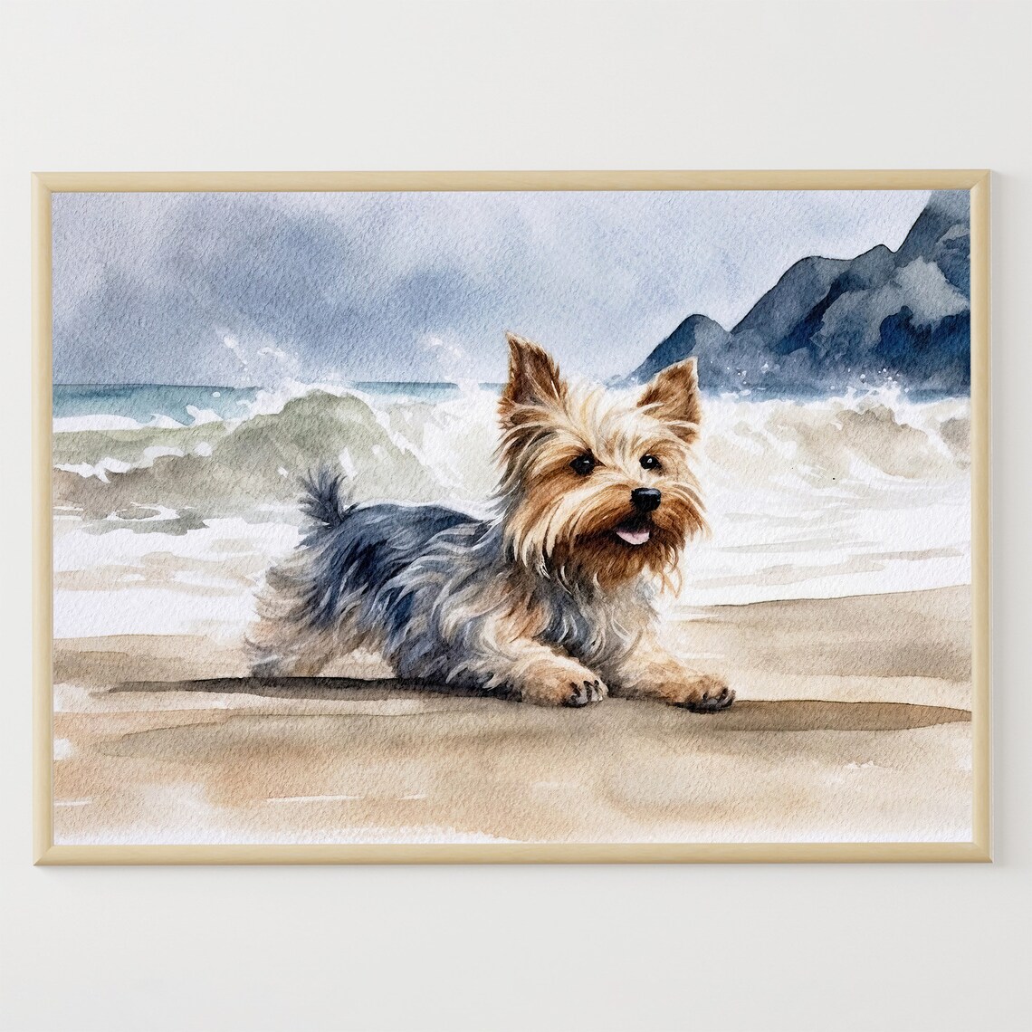 Yorkshire Terrier on Beach, Watercolor Art Print