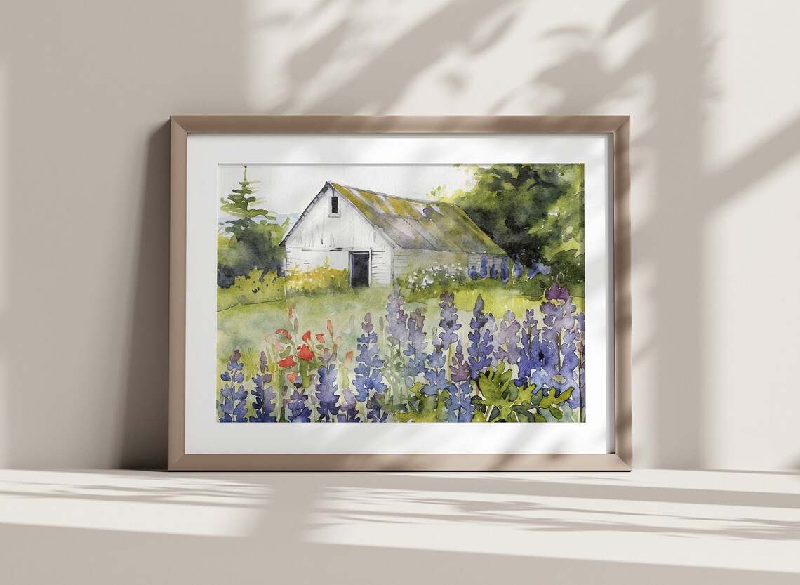 Bluebonnets Field and White Barn Watercolor Art Print - Image 2