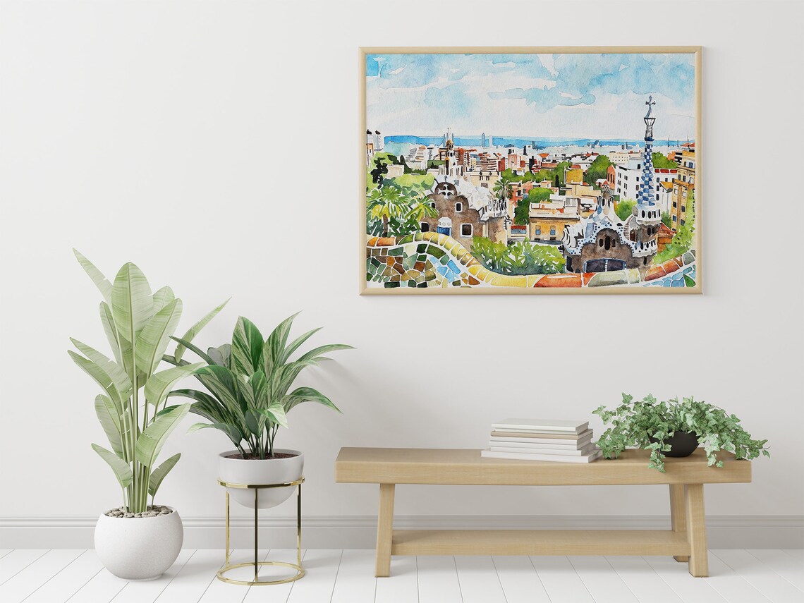 Barcelona Park Guell Mosaic Terrace Gaudi City View Watercolor Poster - Image 4