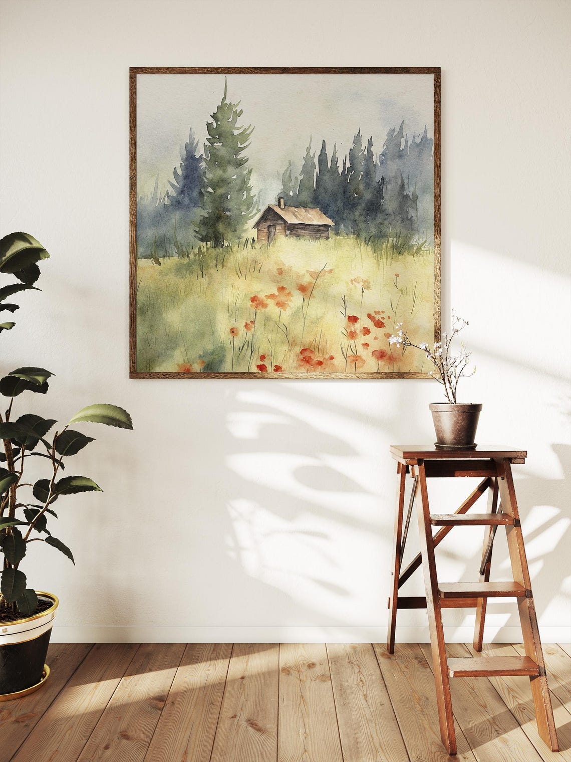 Forest Cabin Meadow Orange Poppies Pine Trees Watercolor Scenic Poster - Image 5