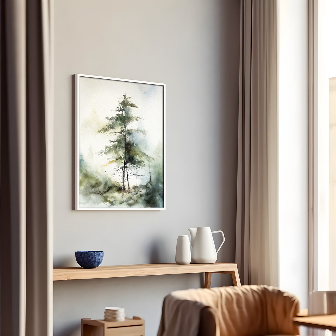 Pine Tree Watercolor Misty Forest Landscape Art Print - Image 2