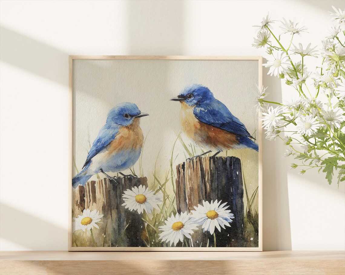 Bluebirds Watercolor Art Print, Daisy Farmhouse Wall Art - Image 5