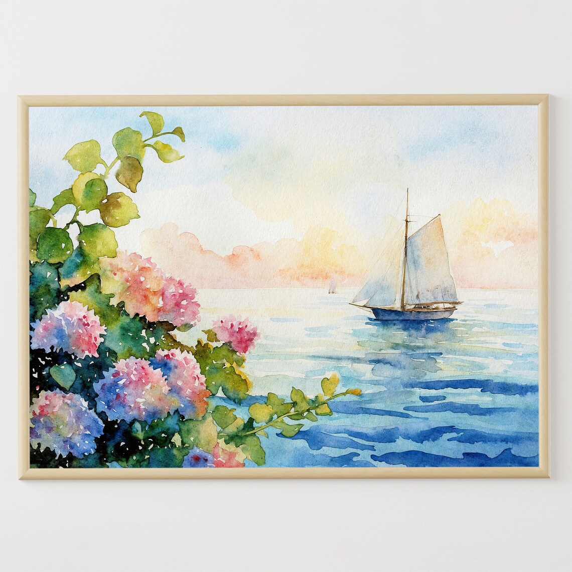 Nantucket Cape Cod Hydrangea Sailboat Watercolor Art Print