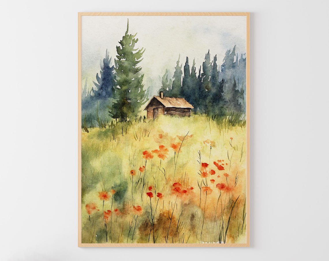 Forest Cabin Meadow Orange Poppies Pine Trees Watercolor Scenic Poster