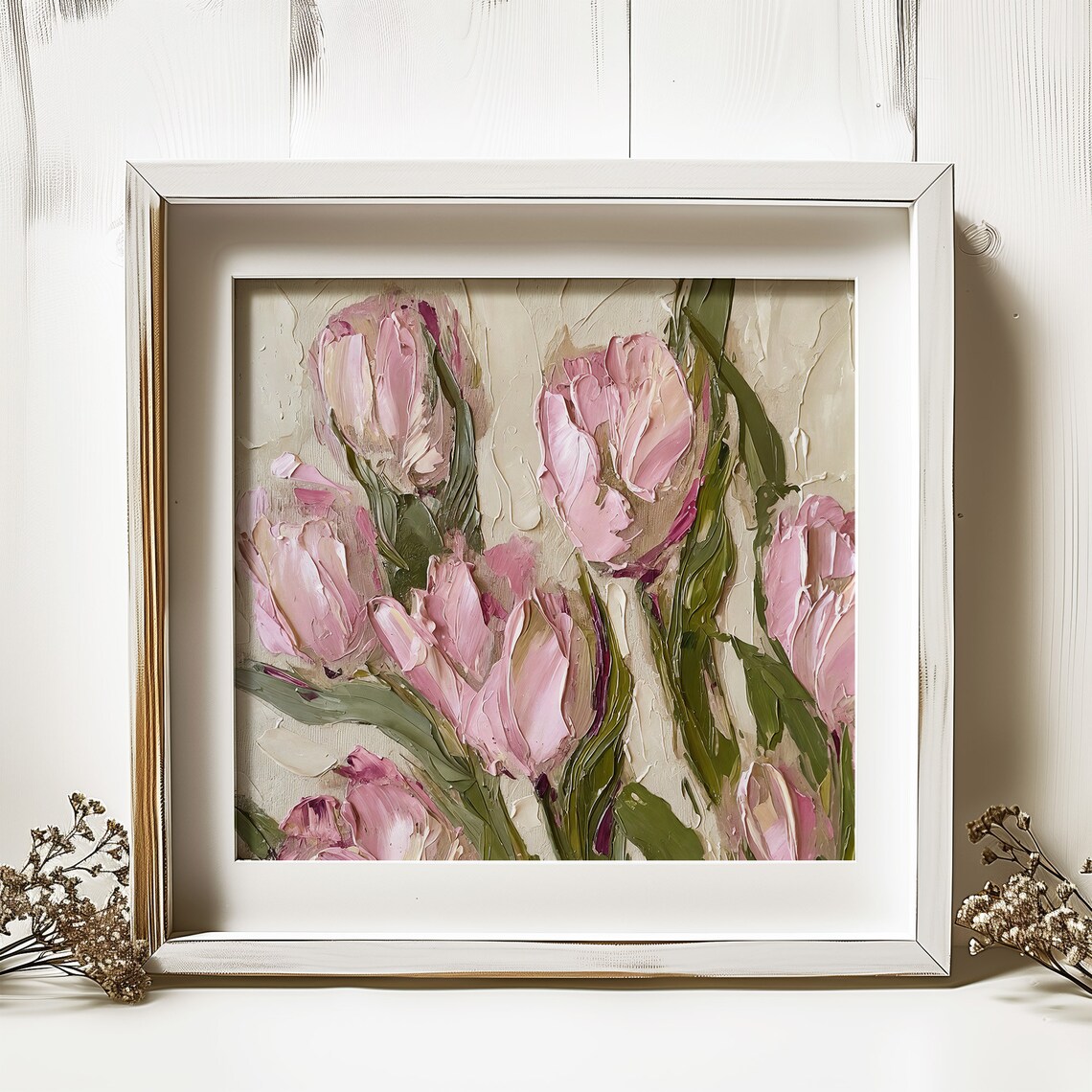 Pink Tulips Oil Painting, Neutral Farmhouse Art Print - Image 4