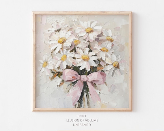 Daisy Oil Print With Pink Bow, Botanical Art Print