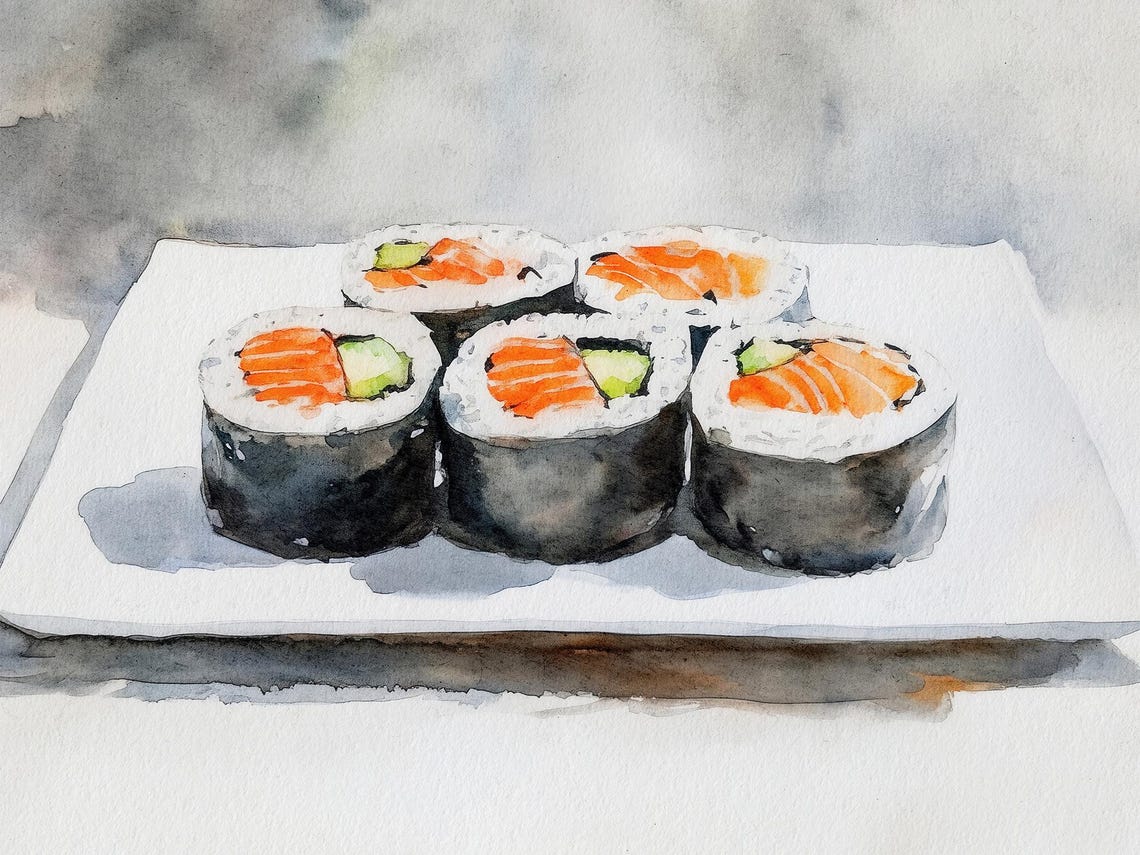 Salmon Avocado Sushi Rolls On A Plate Watercolor Food Poster