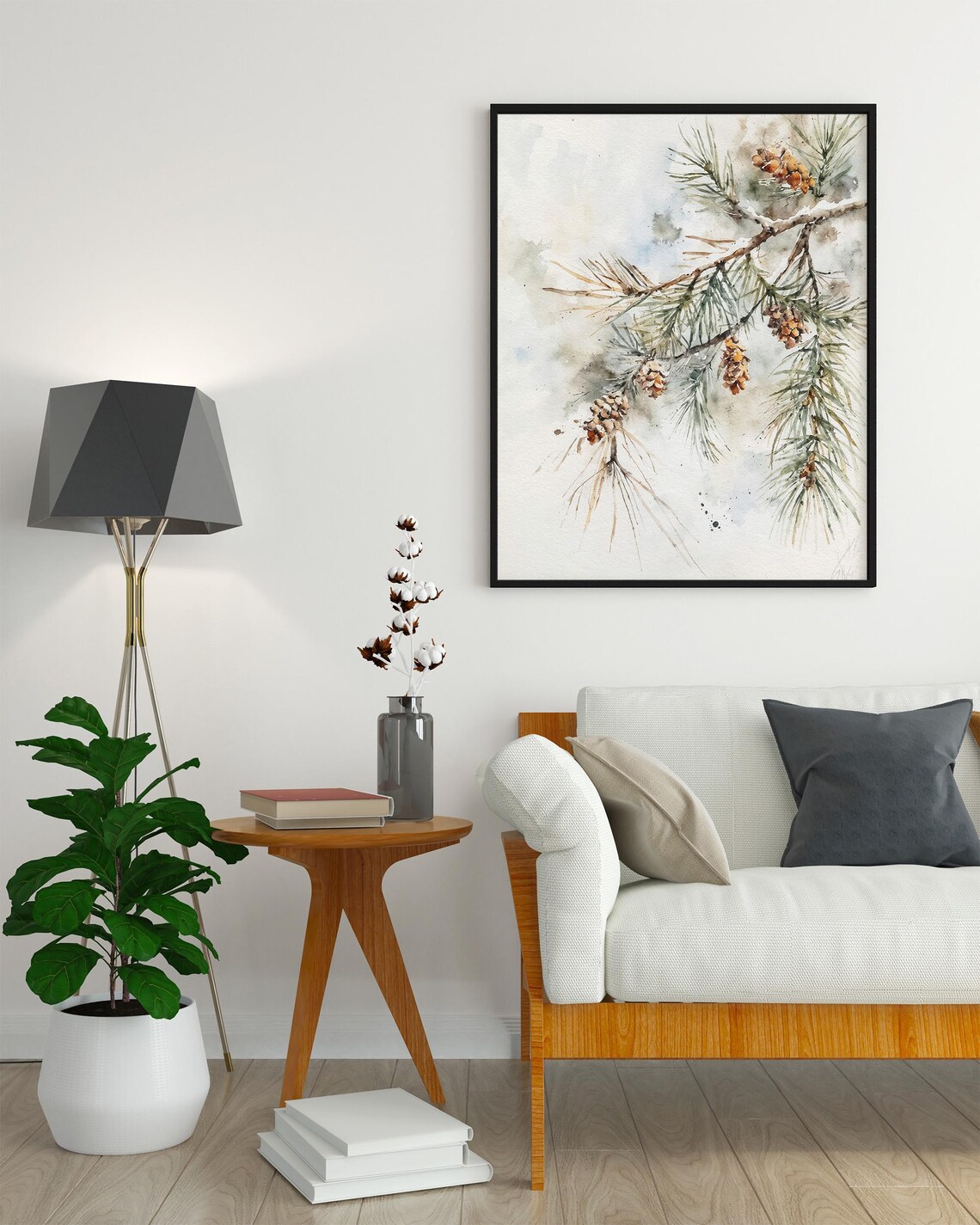 Pine Branch and Pine Cone Watercolor Art Print - Image 2