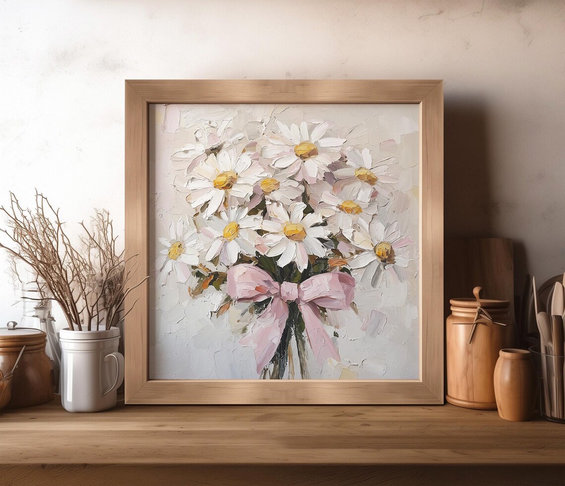Daisy Oil Print With Pink Bow, Botanical Art Print - Image 4