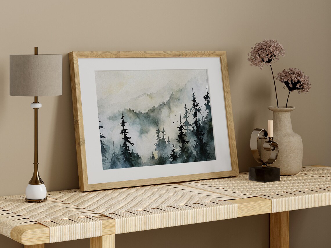 Misty Pine Forest Painting Appalachian Mountains Art Print Mountain Landscape Evergreen Trees Wall Art - Image 2