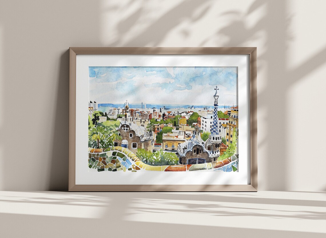 Barcelona Park Guell Mosaic Terrace Gaudi City View Watercolor Poster - Image 3