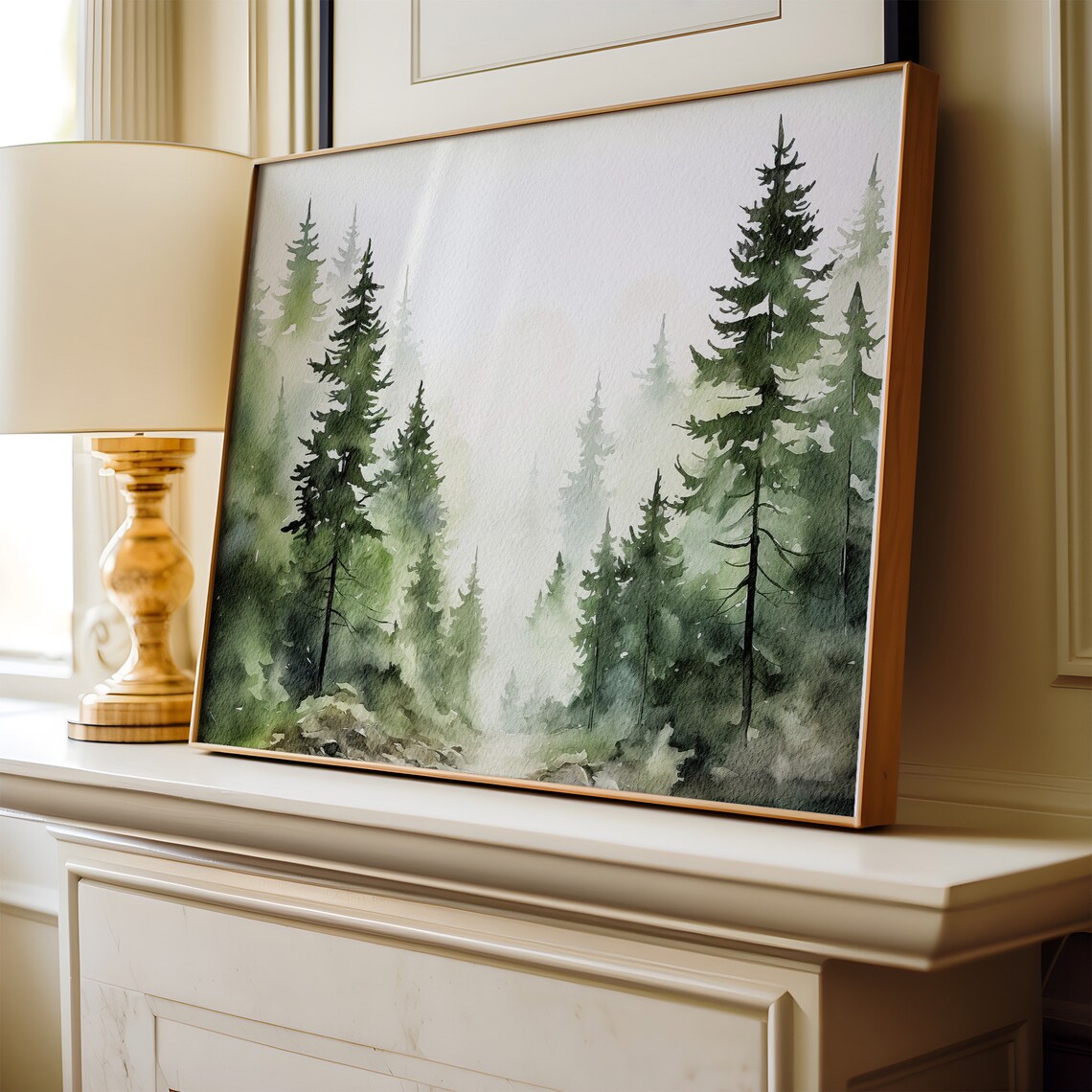 Evergreen Trees Watercolor Art Print, Misty Forest - Image 4