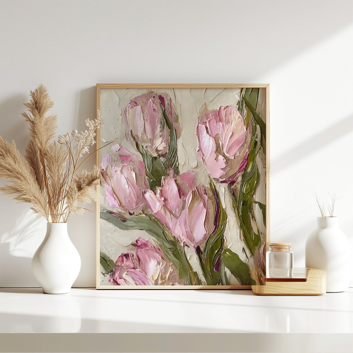 Pink Tulips Oil Painting, Neutral Farmhouse Art Print - Image 2