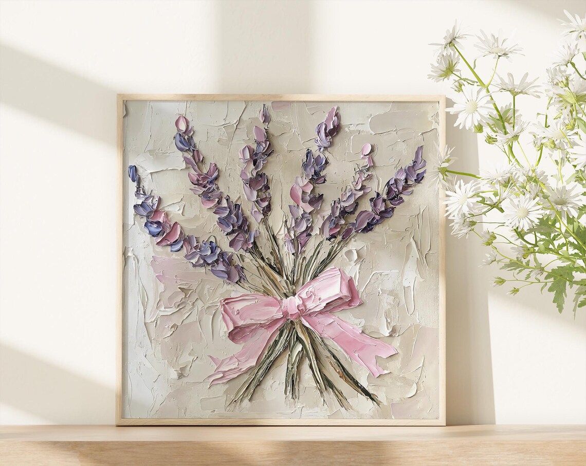 Lavender Oil Painting Print, Pink Bow Wildflowers - Image 2