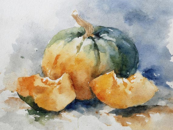 Watercolor Pumpkin Autumn Still Life Print Rustic Harvest Kitchen Art Decor