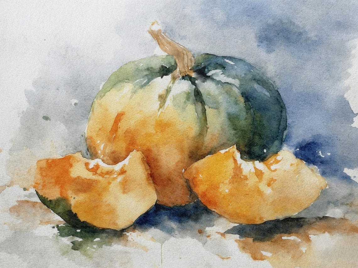 Watercolor Pumpkin Autumn Still Life Print Rustic Harvest Kitchen Art Decor