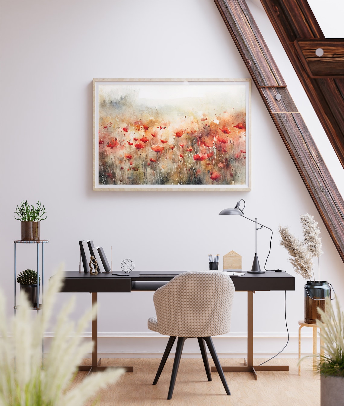 Red Poppy Watercolor Meadow Floral Landscape Art Print - Image 2