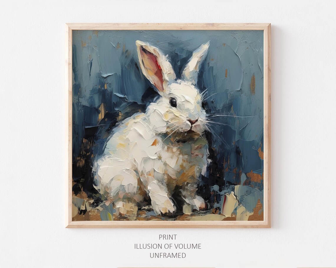 Cute Rabbit Oil Painting Art Print, White Rabbit