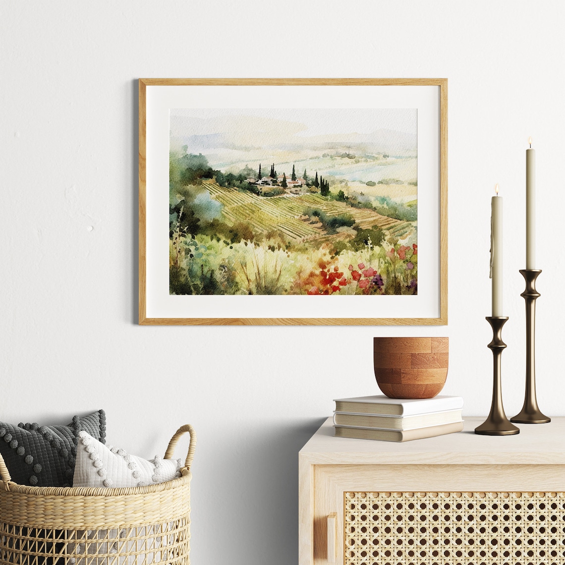 Tuscany Vineyards Watercolor Landscape Art Print - Image 4