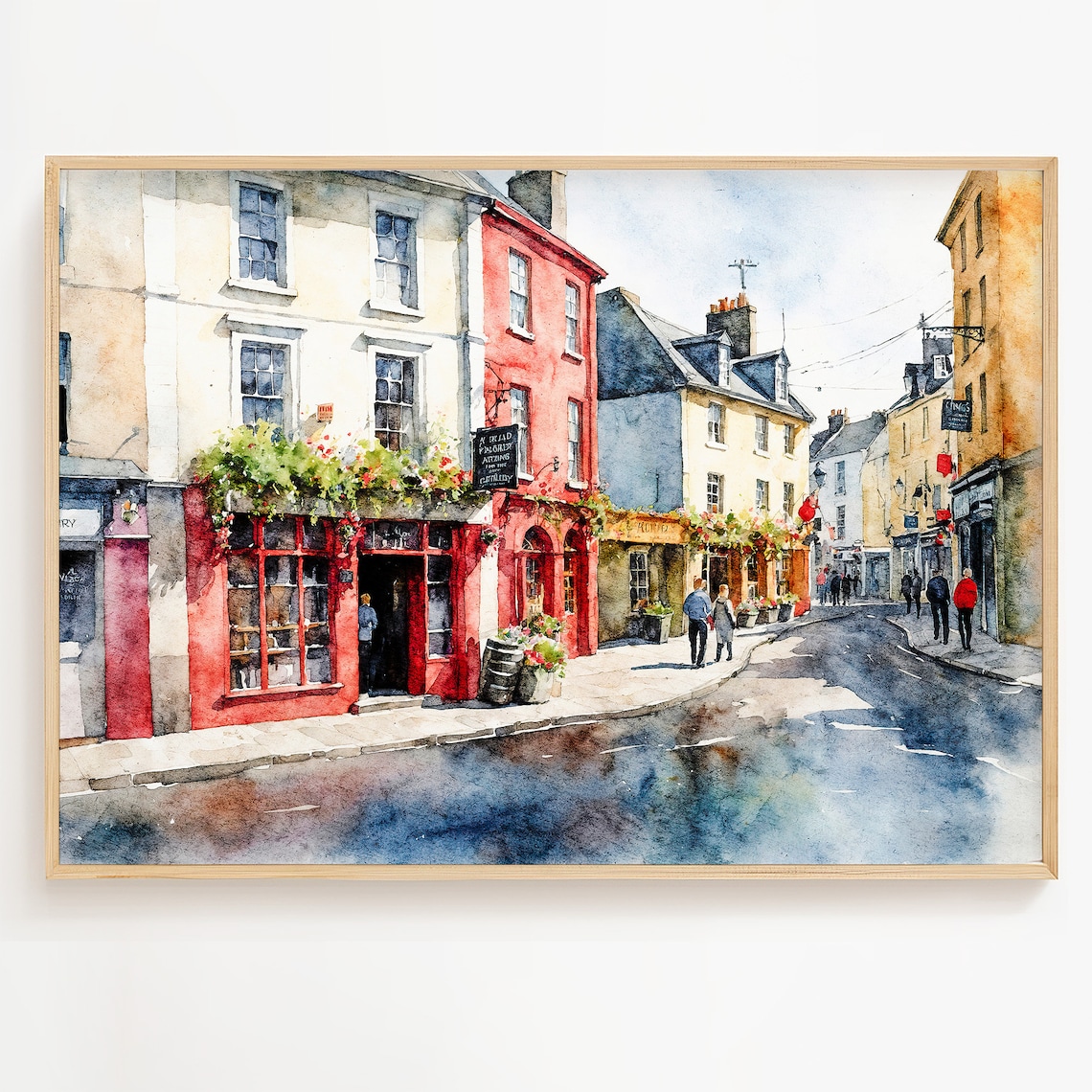Galway Quay Street Watercolor Travel Poster, Irish Cityscape