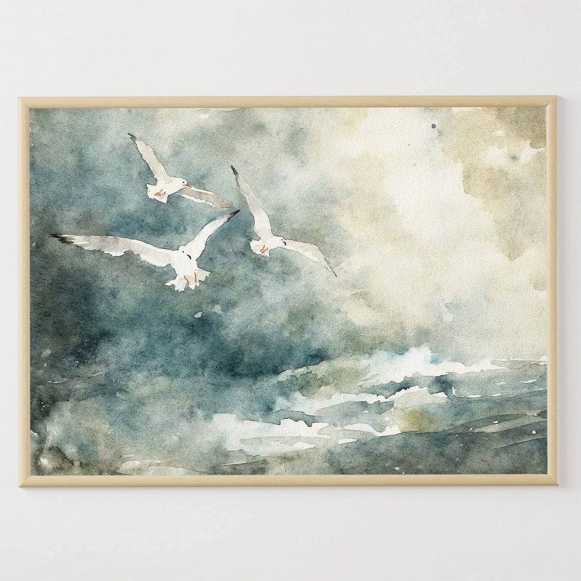 Seagulls Flying Over Stormy Sea Waves Watercolor Bird Art Print