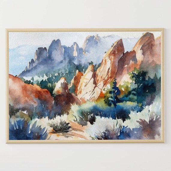 Colorado Mountains Watercolor Print Red Rocks Painting Garden Of Gods Art Nature Landscape Artwork