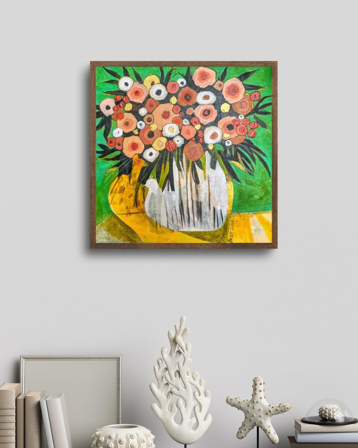Sweet Flower Bouquet in Striped Vase with Yellow Bird Naive Art Poster - Image 2