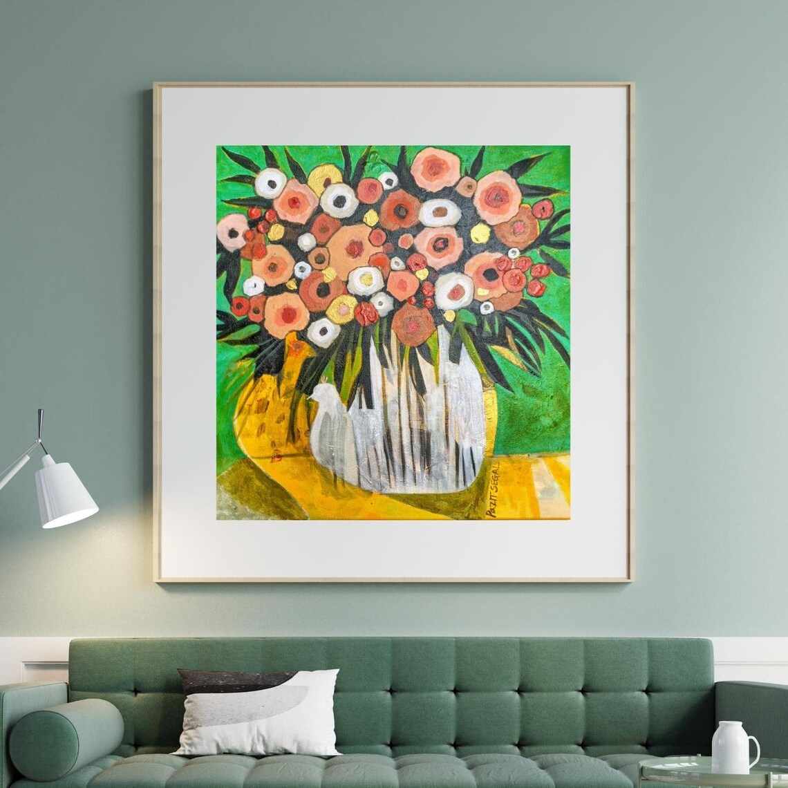 Sweet Flower Bouquet in Striped Vase with Yellow Bird Naive Art Poster