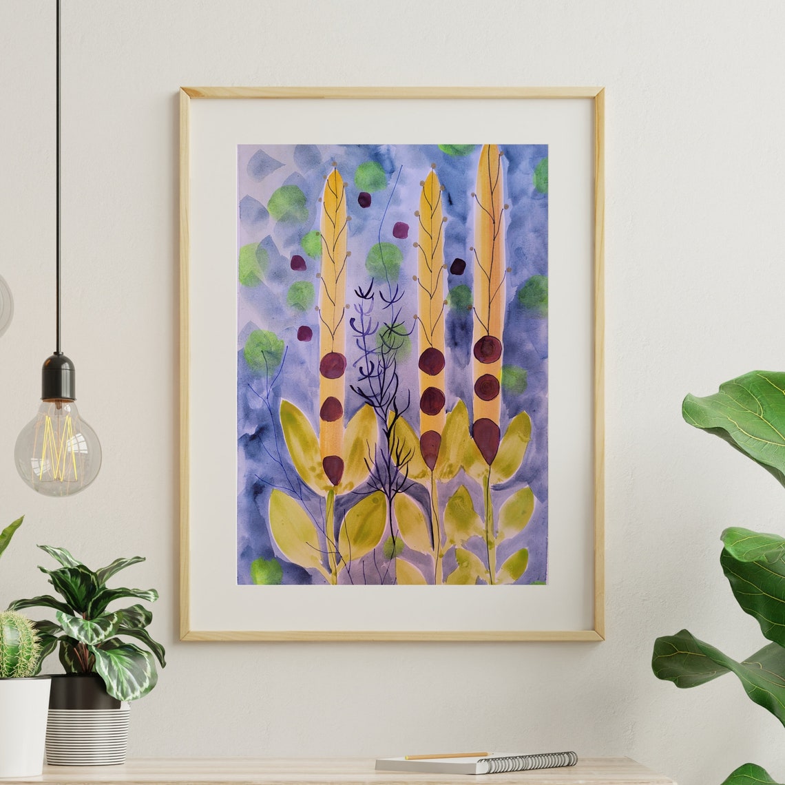 Whimsical Botanical Stems Watercolor On Violet Background Poster