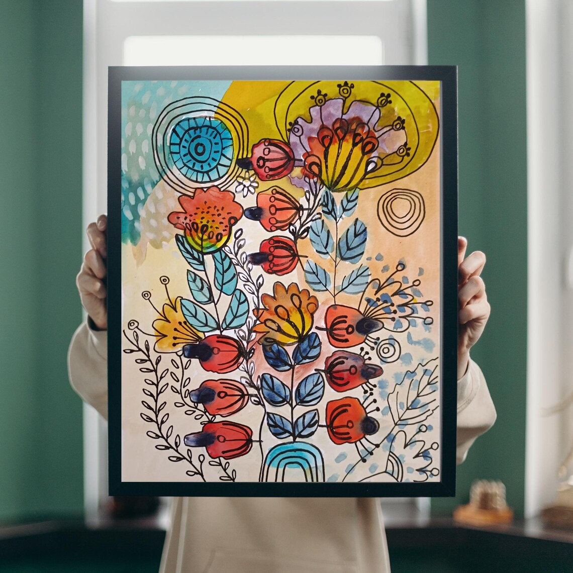 Whimsical Doodle Garden Red Tulips and Big Yellow Sun Art Poster