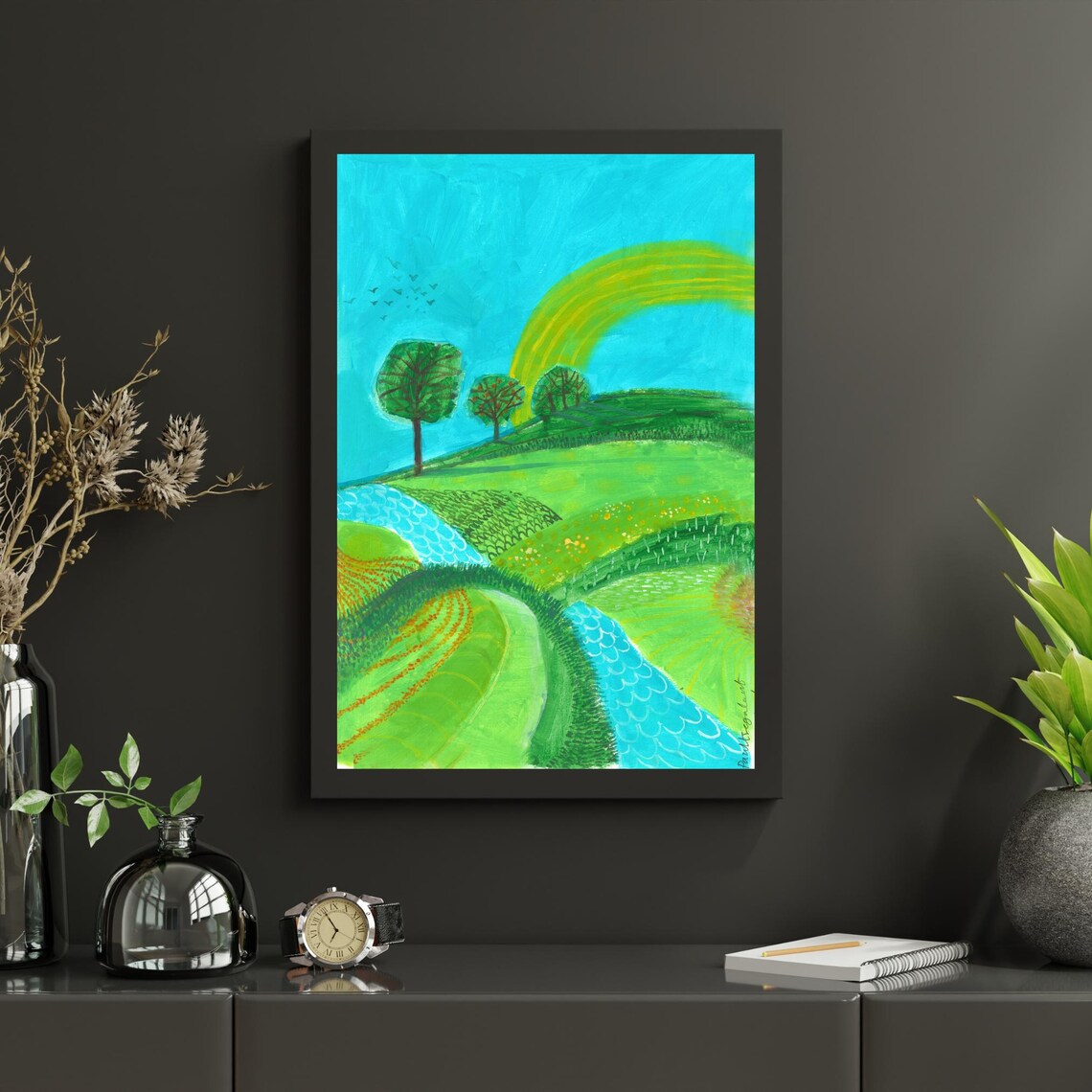 Charming Folk Art Landscape Green Hills Winding River Poster - Image 2