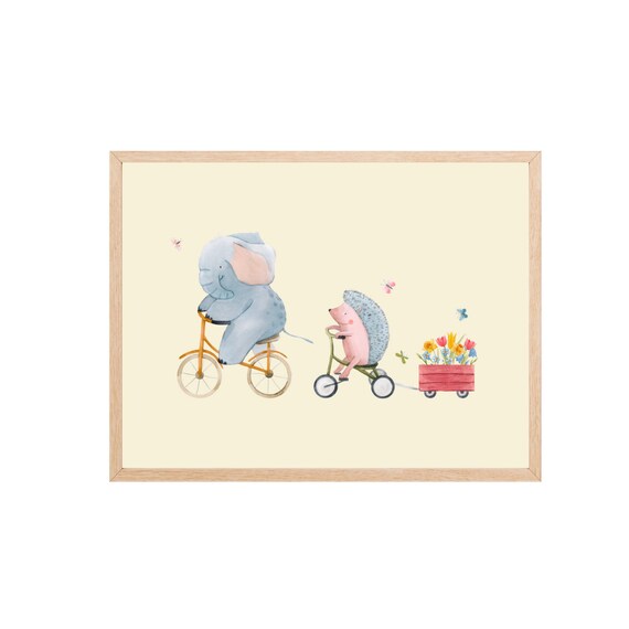 Elephant And Hedgehog Riding Bikes Watercolor Nursery Poster