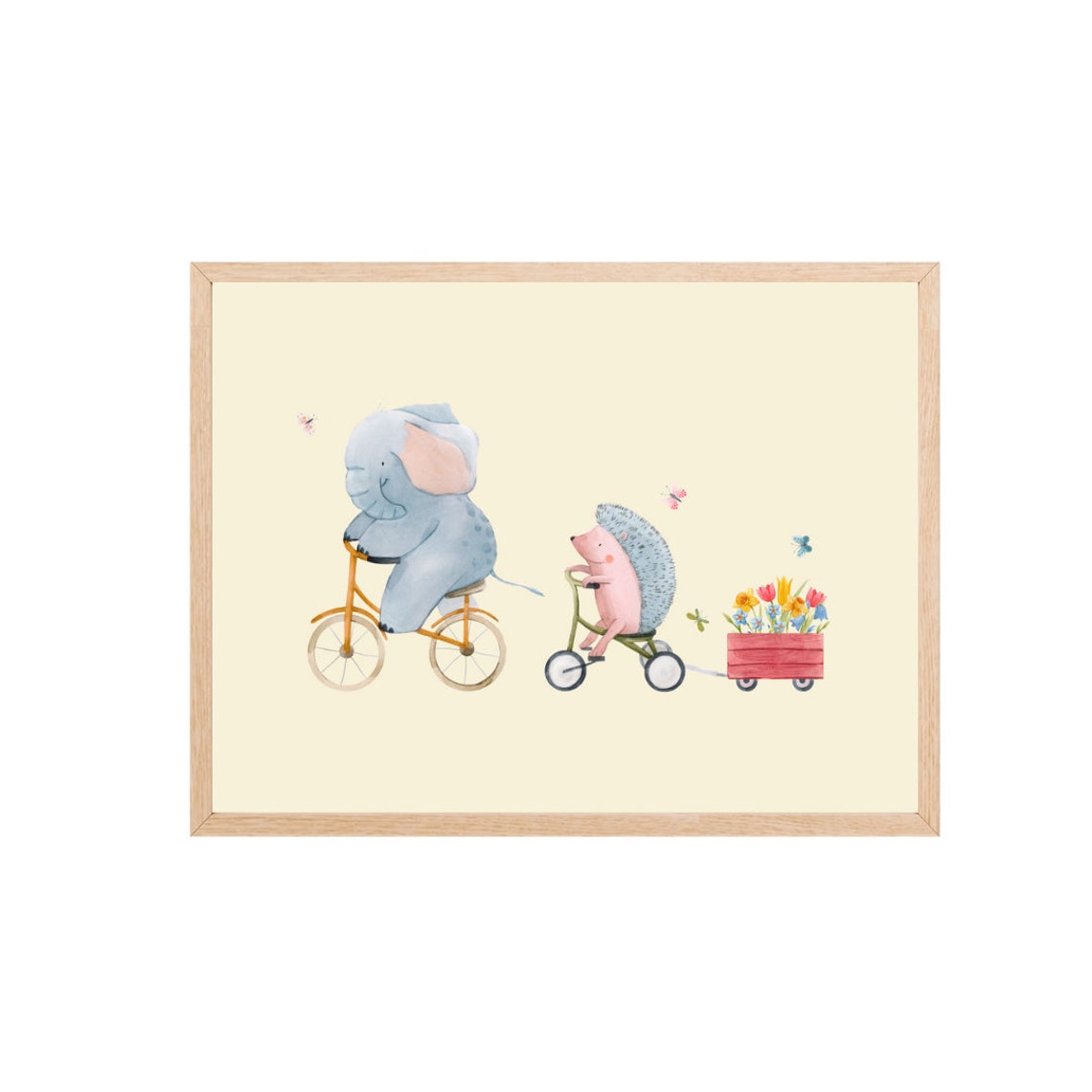 Elephant And Hedgehog Riding Bikes Watercolor Nursery Poster