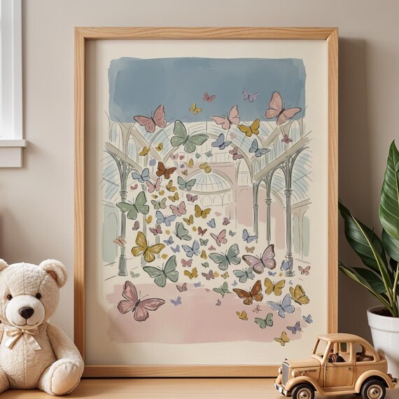 Pastel Butterfly Conservatory Glass Greenhouse Watercolor Art Print