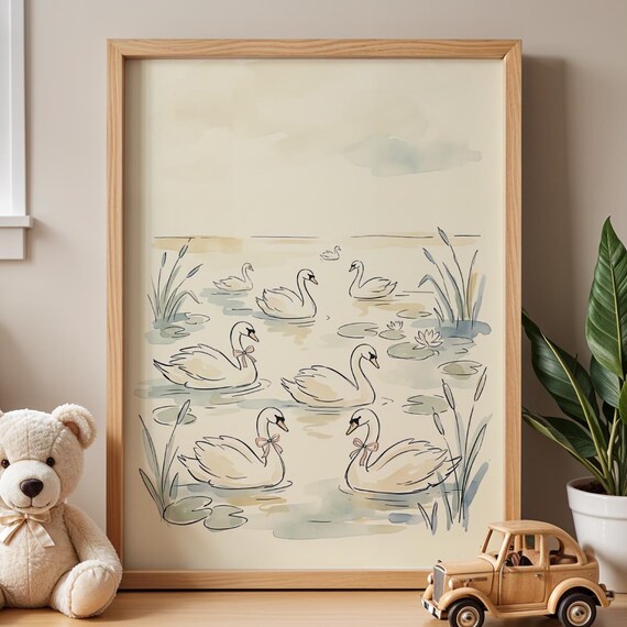 Whimsical Watercolor Swans on a Pond Nursery Wall Art for Baby Girl Room