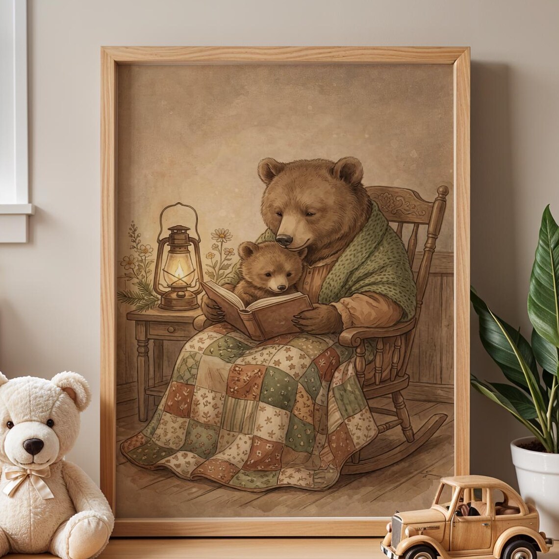 Mama Bear Reading Bedtime Story Vintage Woodland Nursery Poster