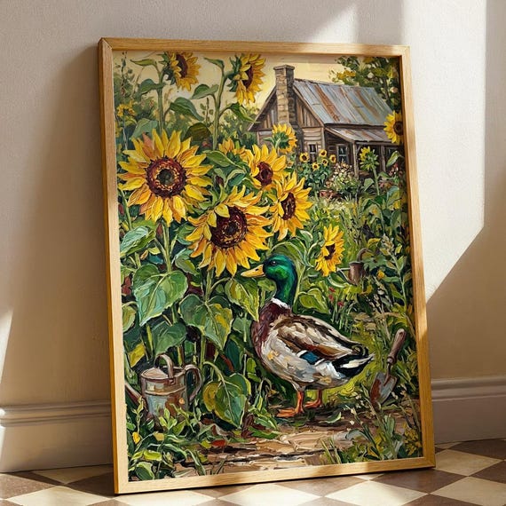 Mallard Duck In Sunflower Garden Art Print Rustic Cottagecore Farmhouse Kitchen Decor Whimsical Country Cottage Poster Digital Download