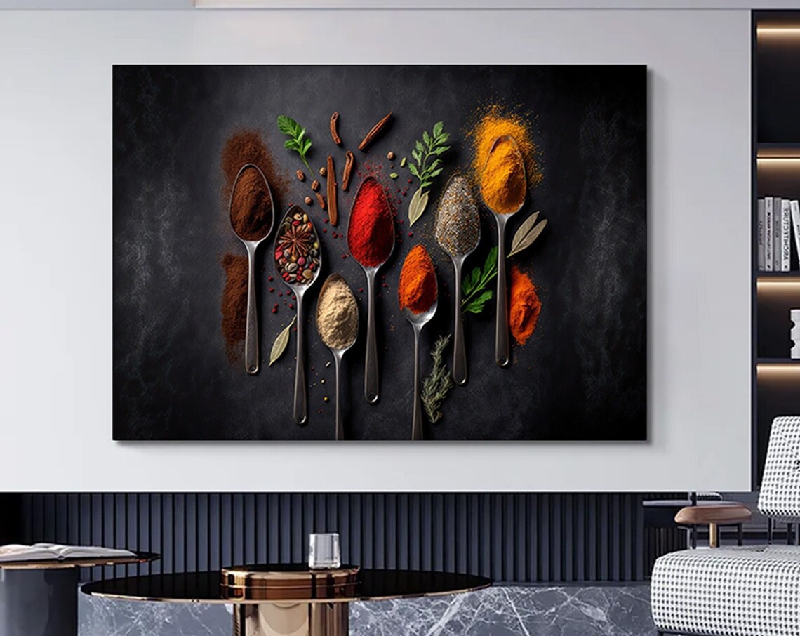 Colorful Spices in Spoons Dark Food Photography Kitchen Wall Poster