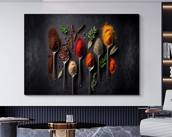 Colorful Spices in Spoons Dark Food Photography Kitchen Wall Poster