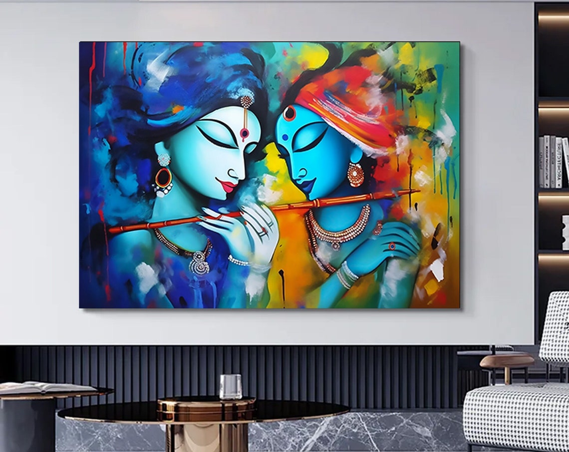 Radha Krishna Divine Love Blue Deities Flute Painting Poster