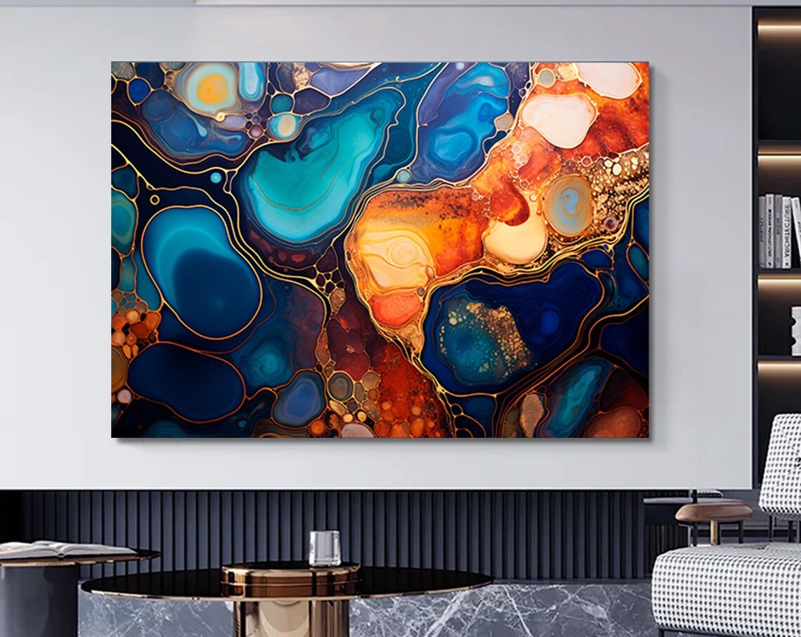 Teal Orange Gold Resin Abstract Bubbles Fluid Modern Art Poster