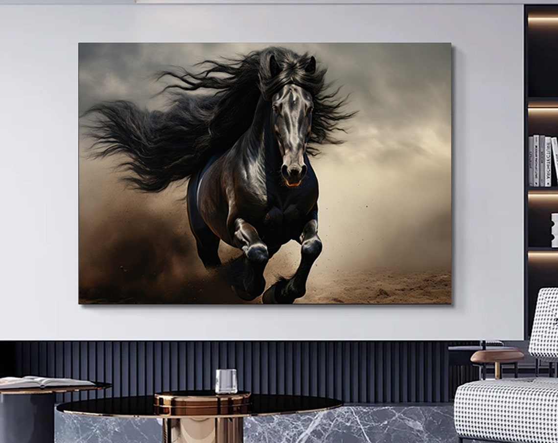 Black Stallion Charging Forward Mane Flying Powerful Horse Poster