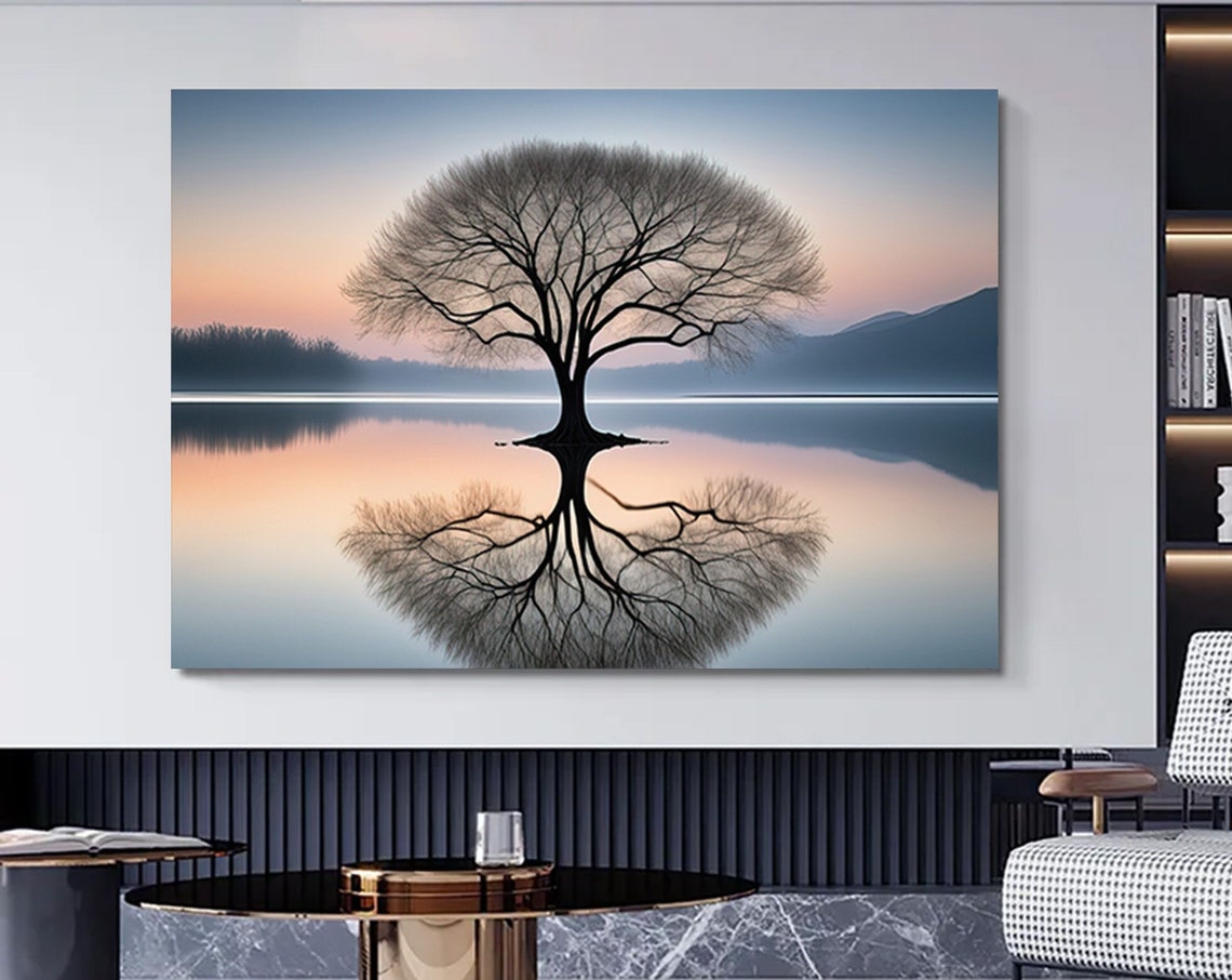 Lonely Tree Sunset Lake Mirror Reflection Serene Nature Poster